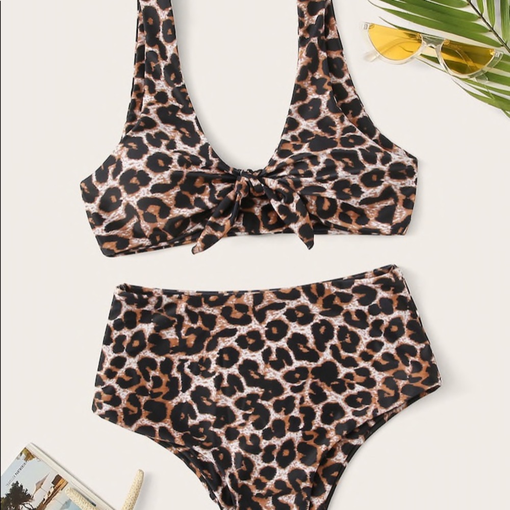 Leopard Knot Front Top With High Waist Bikini